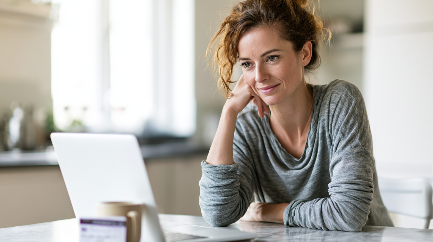 unitedhealthcare-therapist-pa - Caring Clarity Counseling Woman in a Gray Long-sleeve Top Rests Her Chin on Her Hand While Looking at a Laptop on a Kitchen Table.