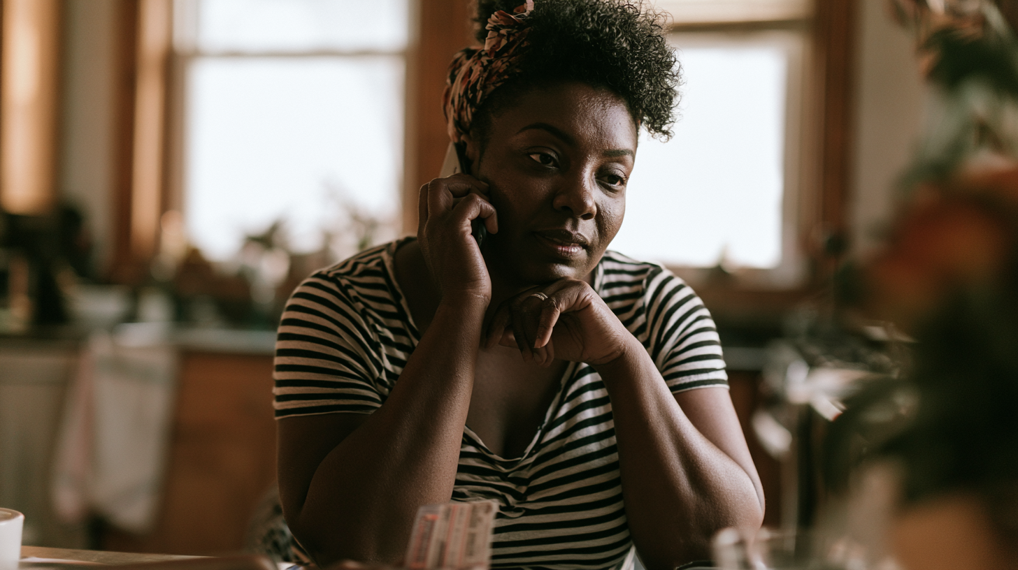 Woman in a Black-and-white Striped Shirt Talks on a Cell Phone, Resting Her Chin on Her Hands with a Thoughtful Expression Indoors at Home.