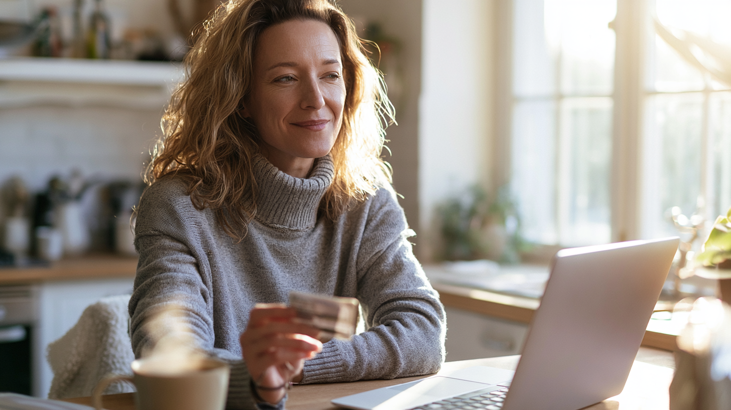 unitedhealthcare-therapist-wilmington-de - Caring Clarity Counseling Woman in a Gray Sweater Sits at a Sunlit Kitchen Table, Holding a Credit Card While Using a Laptop for an Online Purchase.