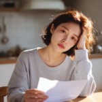 Woman Sits at a Wooden Table in a Bright Kitchen, Resting Her Head on Her Hand While Reading a Document with a Tired Expression