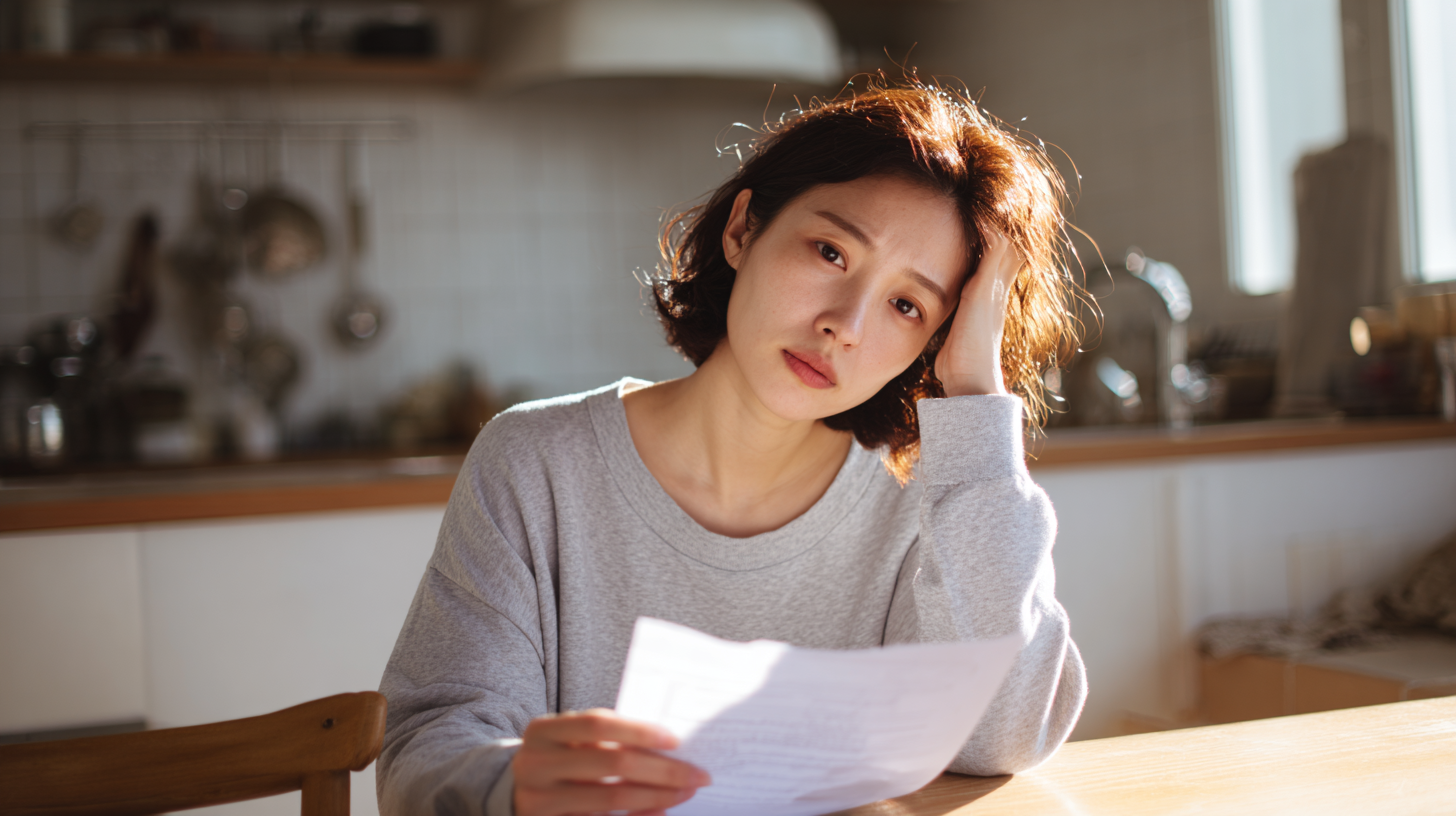 Woman Sits at a Wooden Table in a Bright Kitchen, Resting Her Head on Her Hand While Reading a Document with a Tired Expression