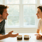 what-does-couples-counseling-do - Caring Clarity Counseling Man and Woman Sit at a Sunlit Kitchen Table, Leaning Toward Each Other As They Talk; Two Ceramic Mugs Sit Between Them on the Table.