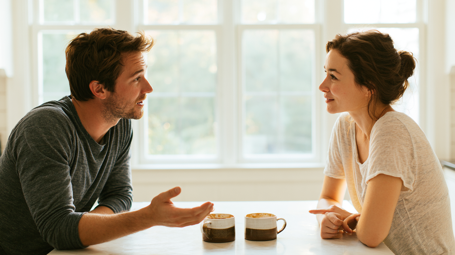 Man and Woman Sit at a Sunlit Kitchen Table, Leaning Toward Each Other As They Talk; Two Ceramic Mugs Sit Between Them on the Table.
