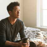 what-does-depression-feel-like - Caring Clarity Counseling Man Sitting on a Wrinkled Bed Holding a Mug, Looking Pensively Toward a Window with Soft Morning Light.