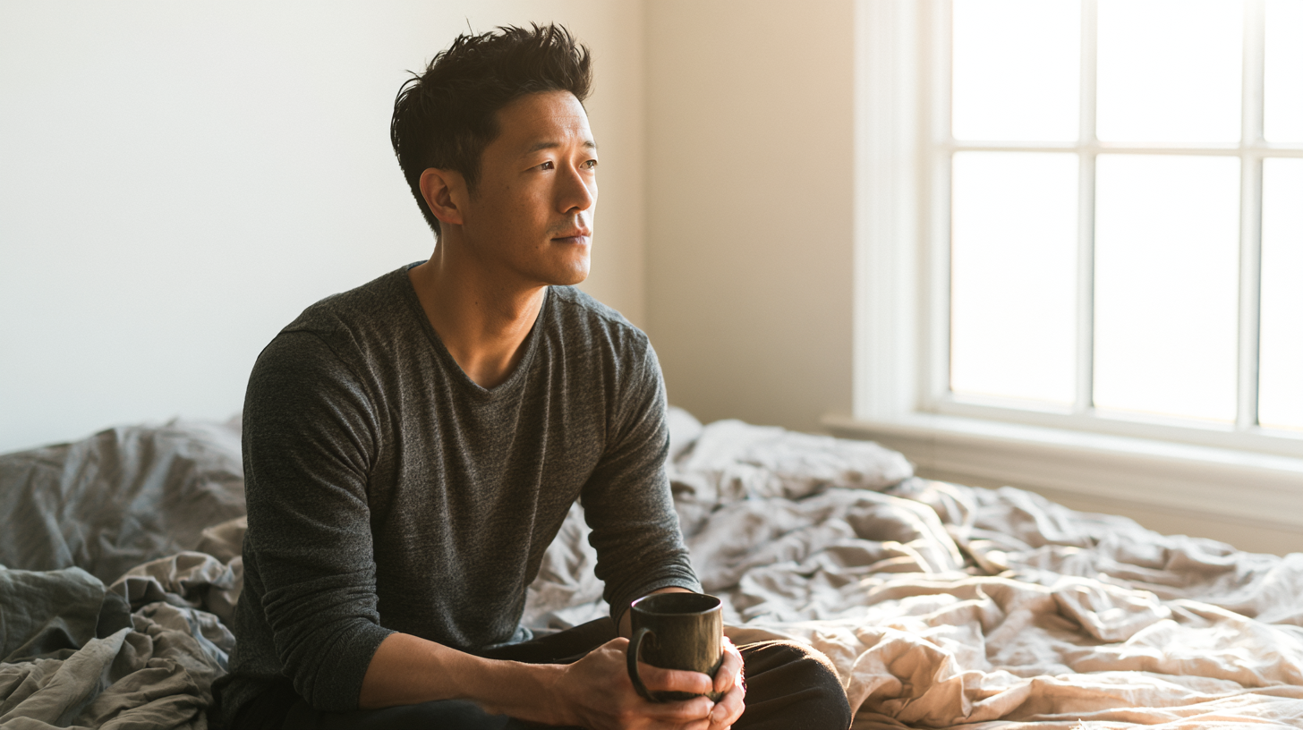 Man Sitting on a Wrinkled Bed Holding a Mug, Looking Pensively Toward a Window with Soft Morning Light.