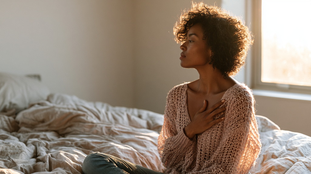 Woman Sits on a Rumpled Bed in a Sunlit Room, Hands Pressed to Her Chest As She Gazes out the Window.