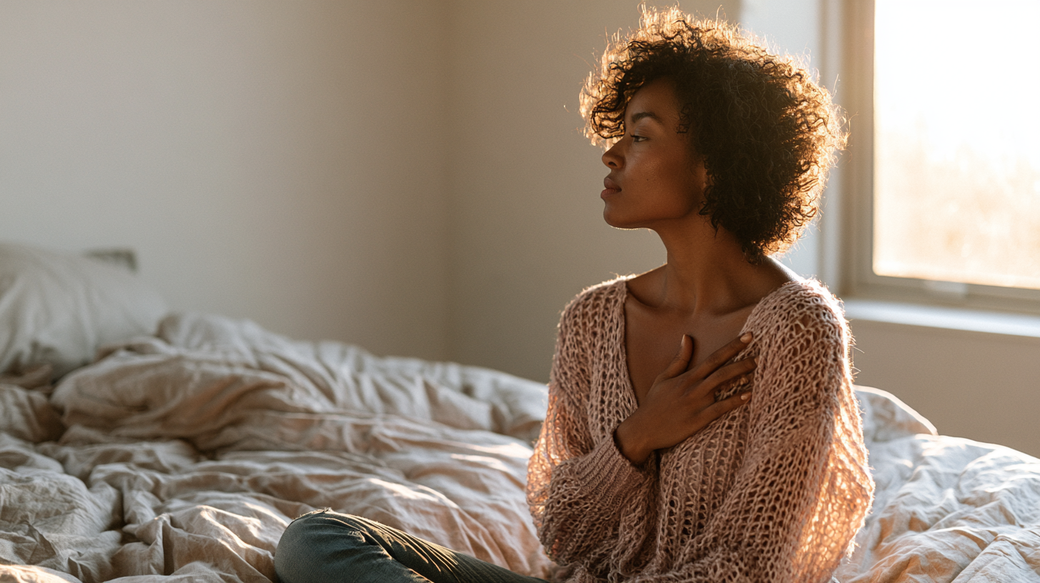 Woman Sits on a Rumpled Bed in a Sunlit Room, Hands Pressed to Her Chest As She Gazes out the Window.