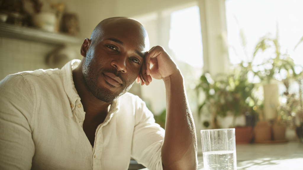 Man Resting His Head on His Hand at a Sunlit Indoor Table, with a Glass of Water Nearby and Plants in the Background.
