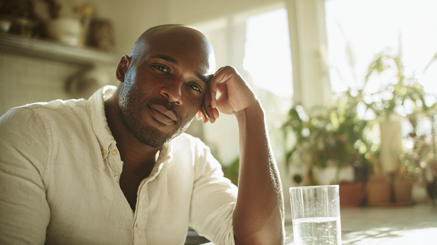 Man Resting His Head on His Hand at a Sunlit Indoor Table, with a Glass of Water Nearby and Plants in the Background.