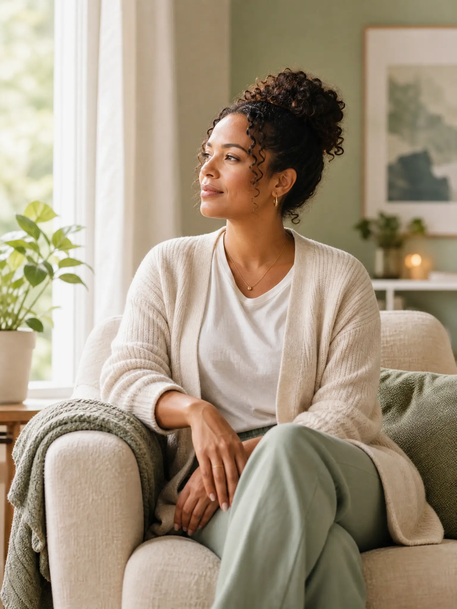 Woman Sits on a Beige Sofa by a Window, Wearing a Cream Cardigan and White Top, Looking off to the Side with a Gentle Smile.