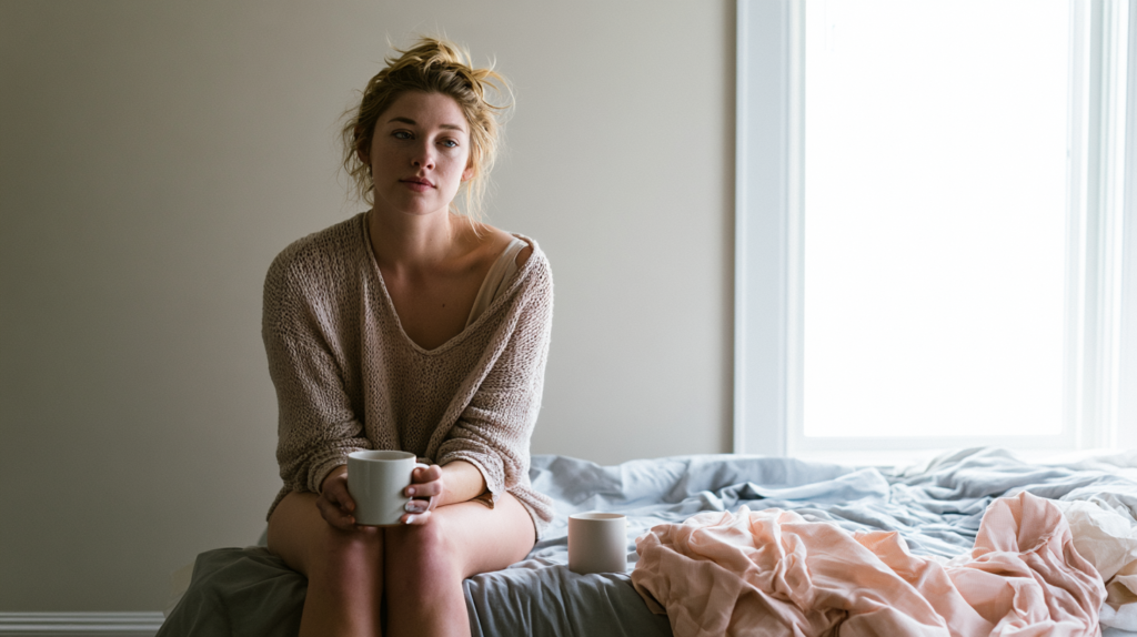 Young Woman Sits on a Bed in a Soft Knit Sweater, Holding a Mug As Natural Light Pours in from a Window to the Right.