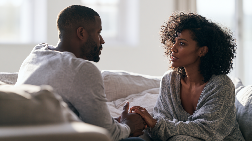 a Man and a Woman Sit on a Sofa, Holding Hands and Talking Warmly in a Bright Living Room.