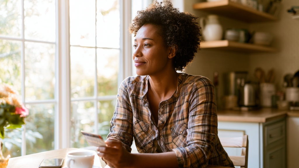 Woman Sits at a Sunny Kitchen Table, Holding a Credit Card and Looking Thoughtful.