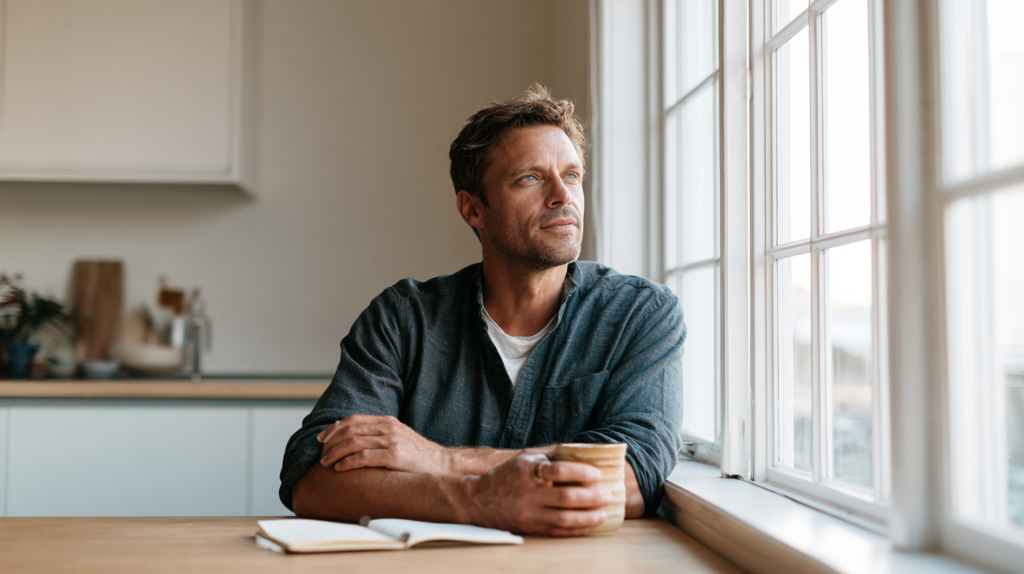 Man Sits at a Wooden Table by a Large Window, Holding a Mug and Looking out Thoughtfully.
