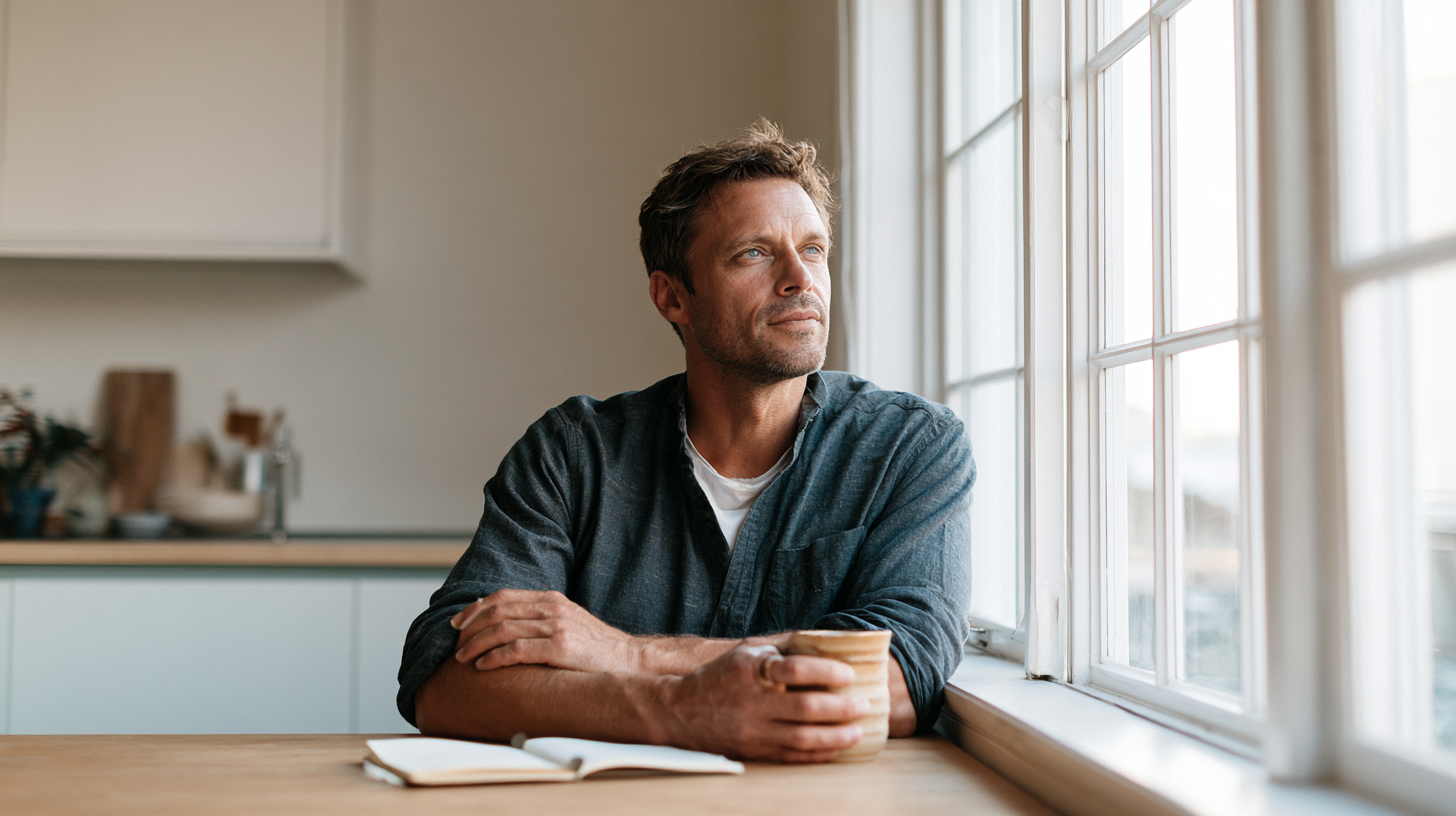 Man Sits at a Wooden Table by a Large Window, Holding a Mug and Looking out Thoughtfully.