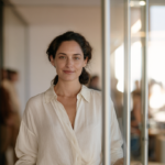 Woman in a Light Blouse Stands in a Bright, Glass-walled Office Smiling at the Camera.