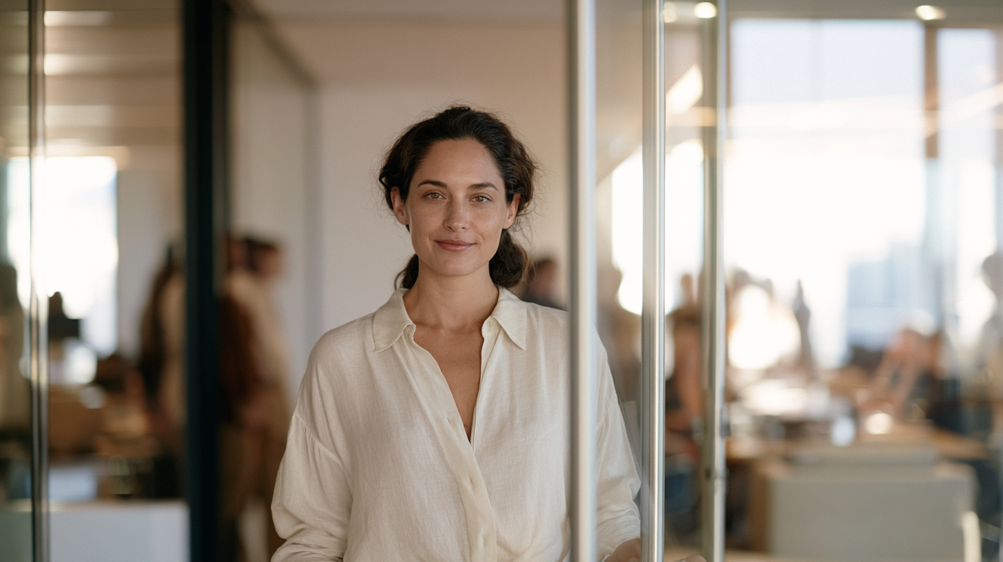 Woman in a Light Blouse Stands in a Bright, Glass-walled Office Smiling at the Camera.