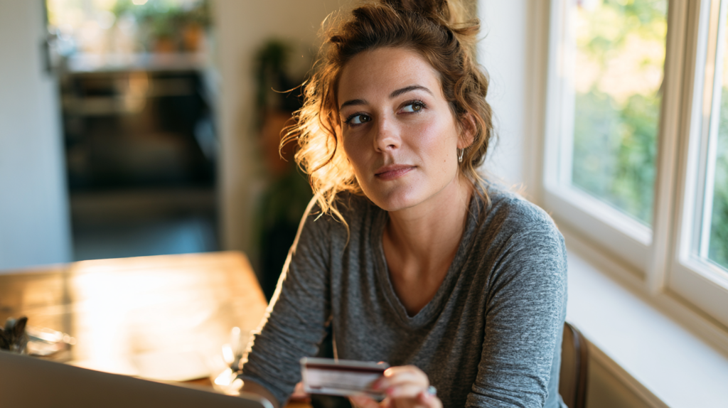 Woman Sitting at a Sunlit Wooden Table by a Window, Holding a Credit Card and Looking Thoughtful at Her Laptop.
