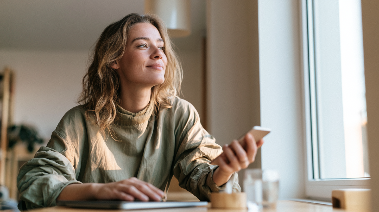 Woman Sits at a Desk by a Window, Smiling While Holding a Smartphone Toward Herself.