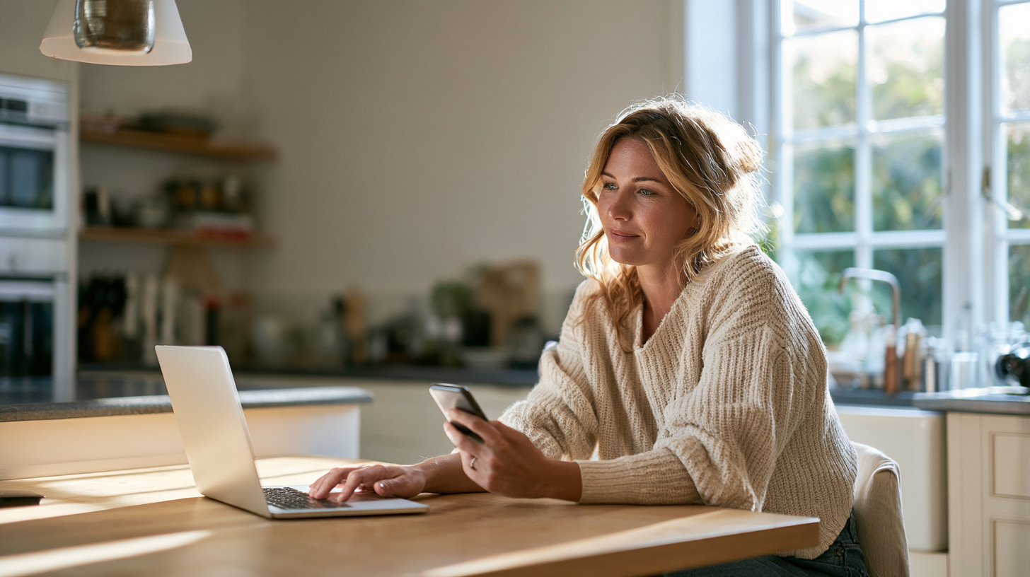 Woman in a Beige Knit Sweater Sits at a Wooden Kitchen Table, Using a Laptop and Checking Her Phone.