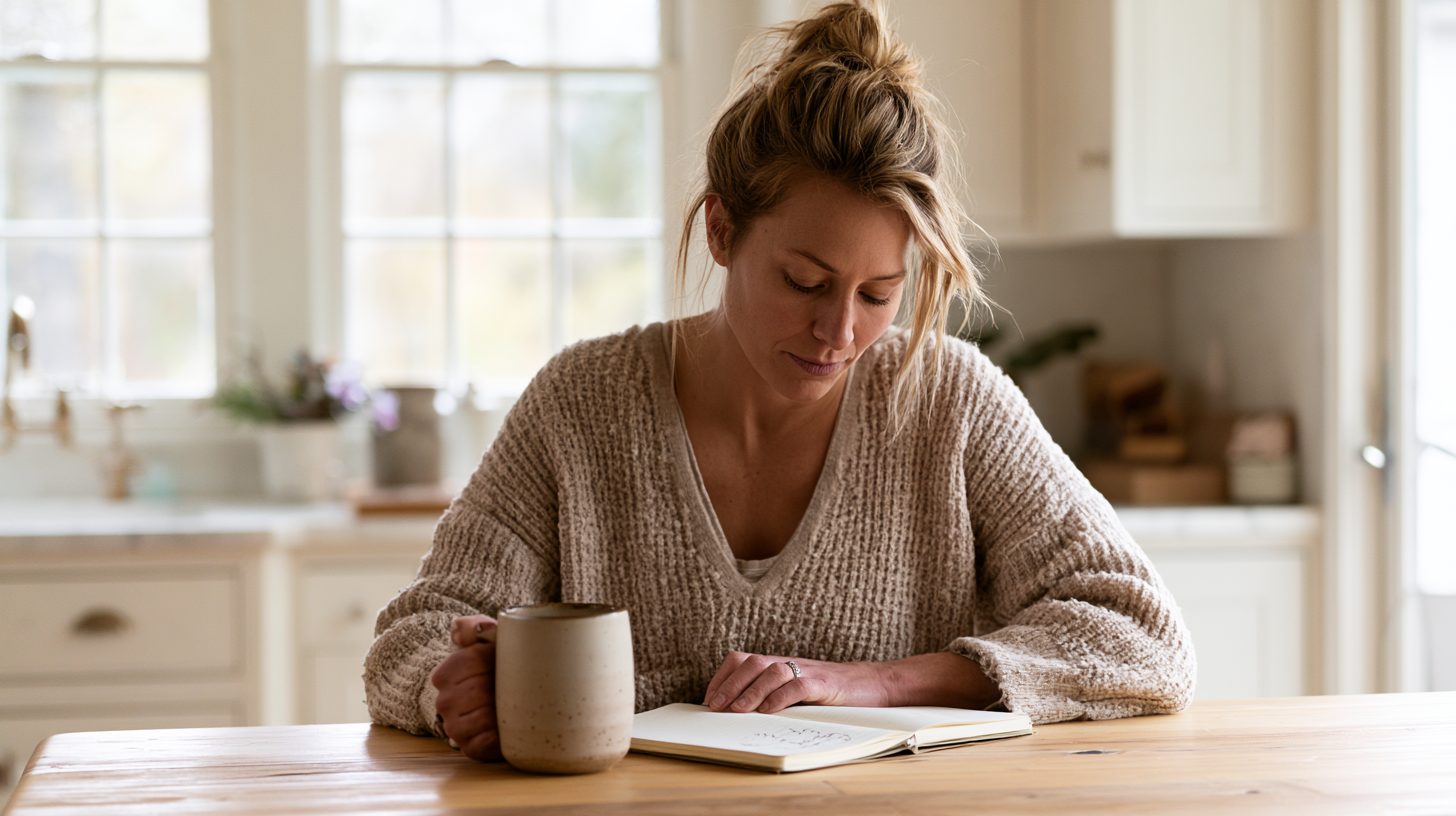 Woman in a Beige Knit Sweater Sits at a Wooden Kitchen Table, Reading a Notebook with a Mug Beside Her.