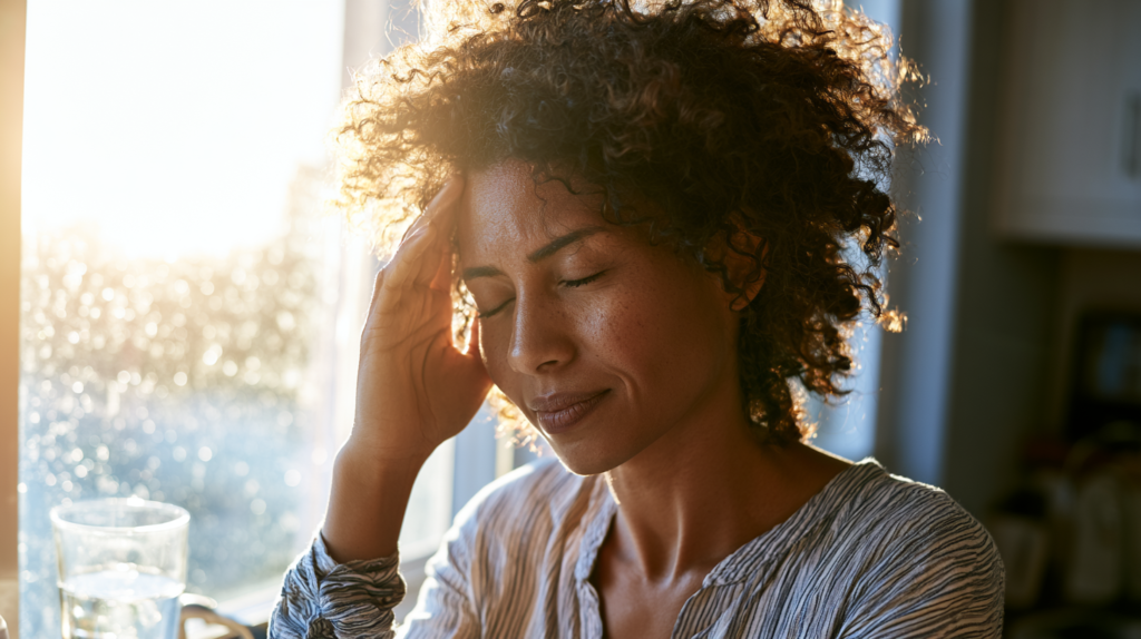 Woman with Curly Hair Rests Her Head on Her Hand by a Sunlit Window, Eyes Closed, a Glass of Water on the Table Nearby (soft Morning Light).