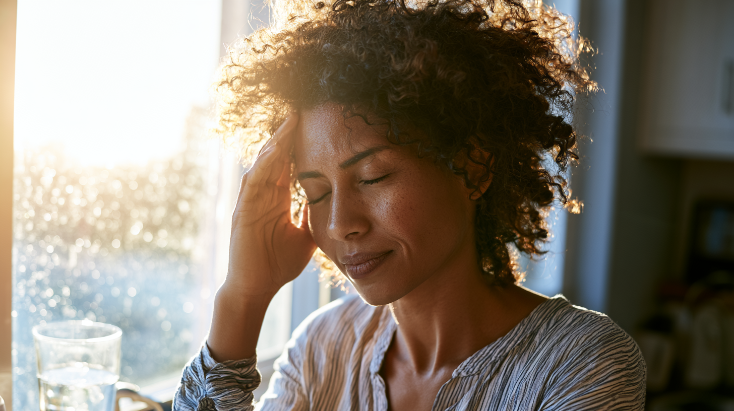 Anxiety Attack crying - Caring Clarity Counseling Woman with Curly Hair Rests Her Head on Her Hand by a Sunlit Window, Eyes Closed, a Glass of Water on the Table Nearby (soft Morning Light).