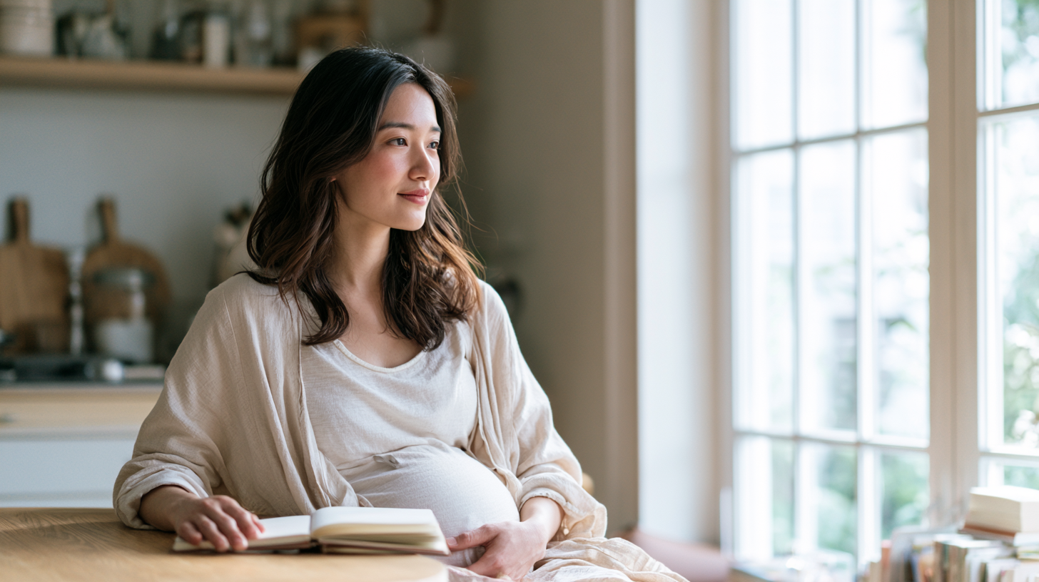 Pregnant Woman Sits at a Wooden Table by a Bright Window, Resting One Hand on Her Belly and Reading an Open Notebook with a Calm Expression.