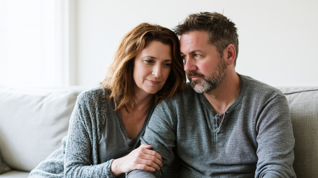Couple Sitting Closely on a Light Sofa, Holding Hands and Sharing a Quiet, Supportive Moment at Home.