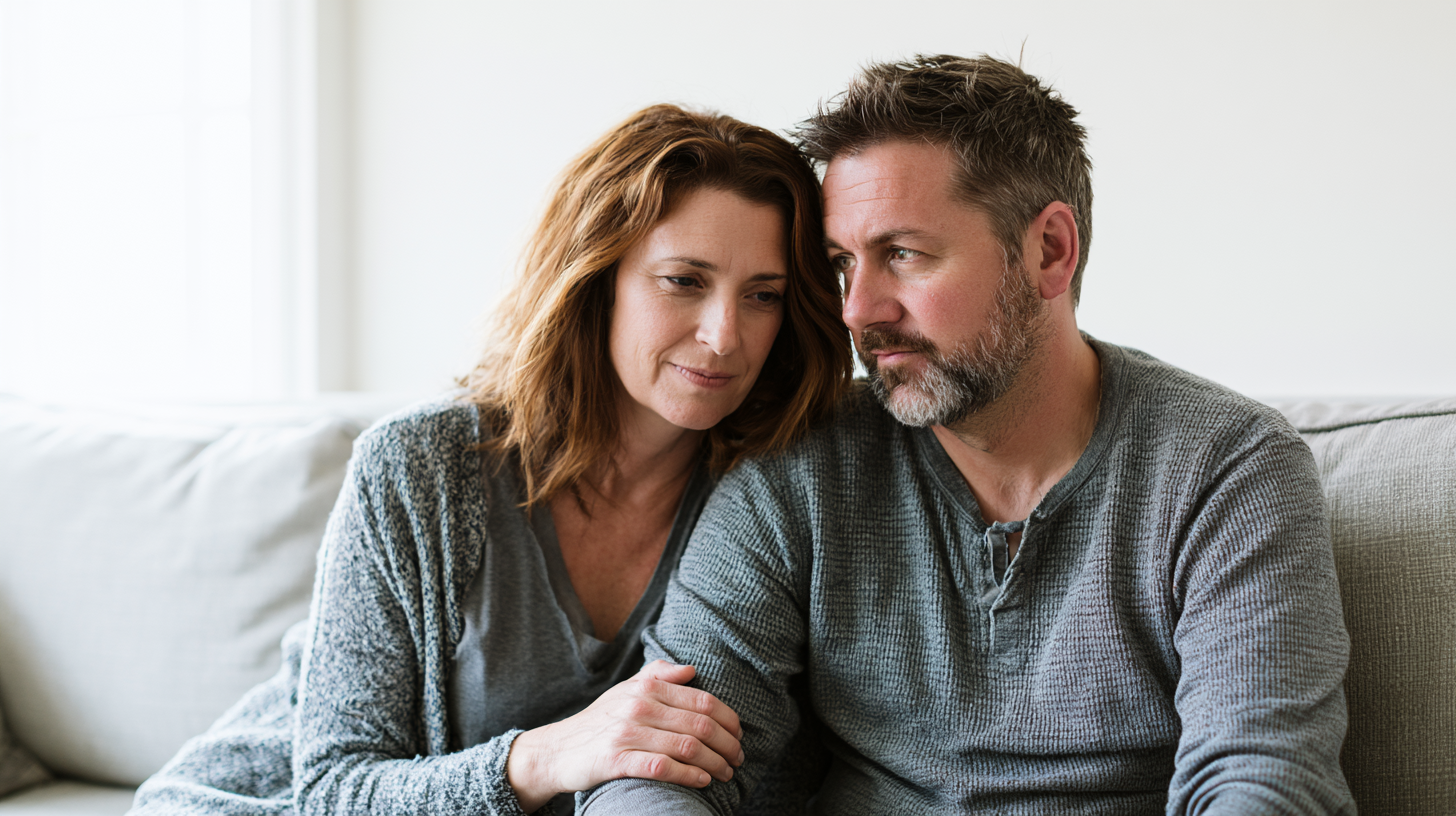 Couple Sitting Closely on a Light Sofa, Holding Hands and Sharing a Quiet, Supportive Moment at Home.