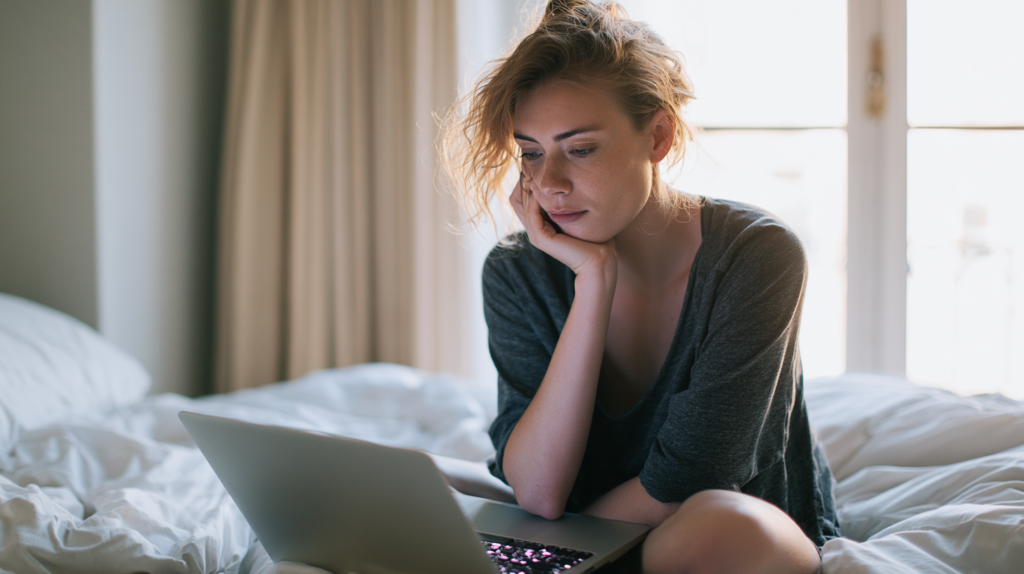 Woman Sitting on a Bed, Resting Her Chin on Her Hand While Using a Laptop.