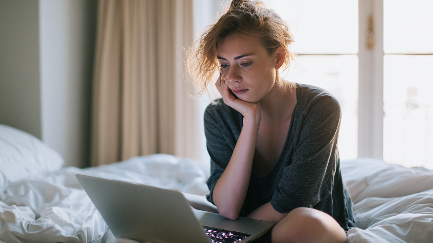 Find a Therapist - Caring Clarity Counseling Woman Sitting on a Bed, Resting Her Chin on Her Hand While Using a Laptop.