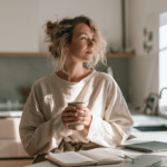 Woman in a Light Sweater Holding a Mug at a Sunlit Kitchen Island, Looking Thoughtfully out the Window.