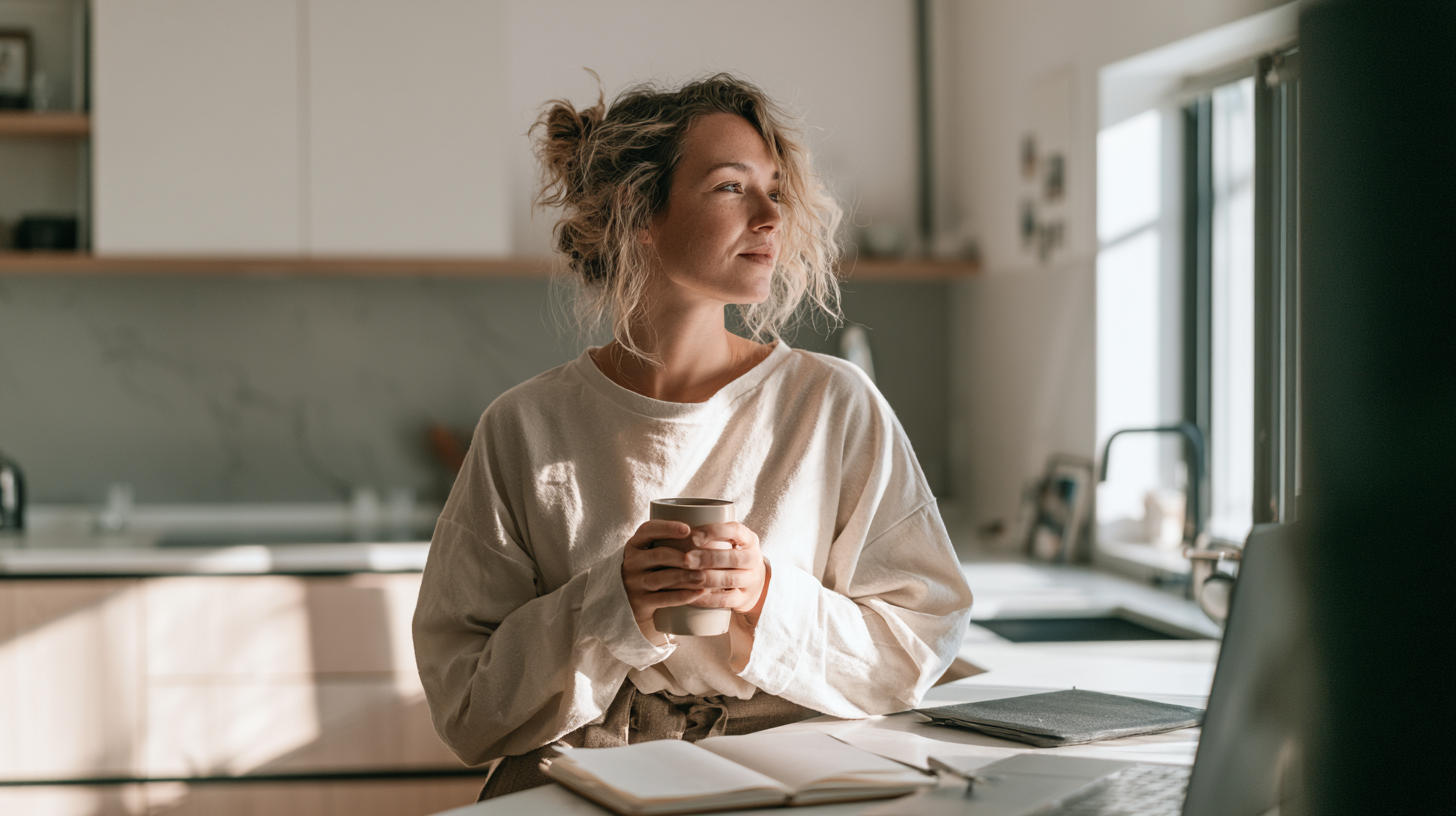 Woman in a Light Sweater Holding a Mug at a Sunlit Kitchen Island, Looking Thoughtfully out the Window.