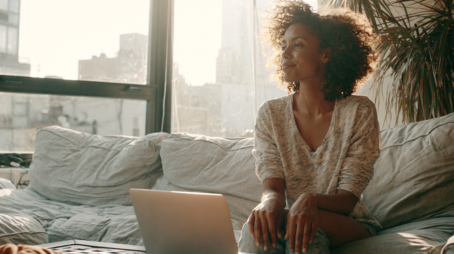 Woman with Curly Hair Sits on a Light Gray Sofa, Working on a Laptop As Sunlight Streams Through a Large Window.