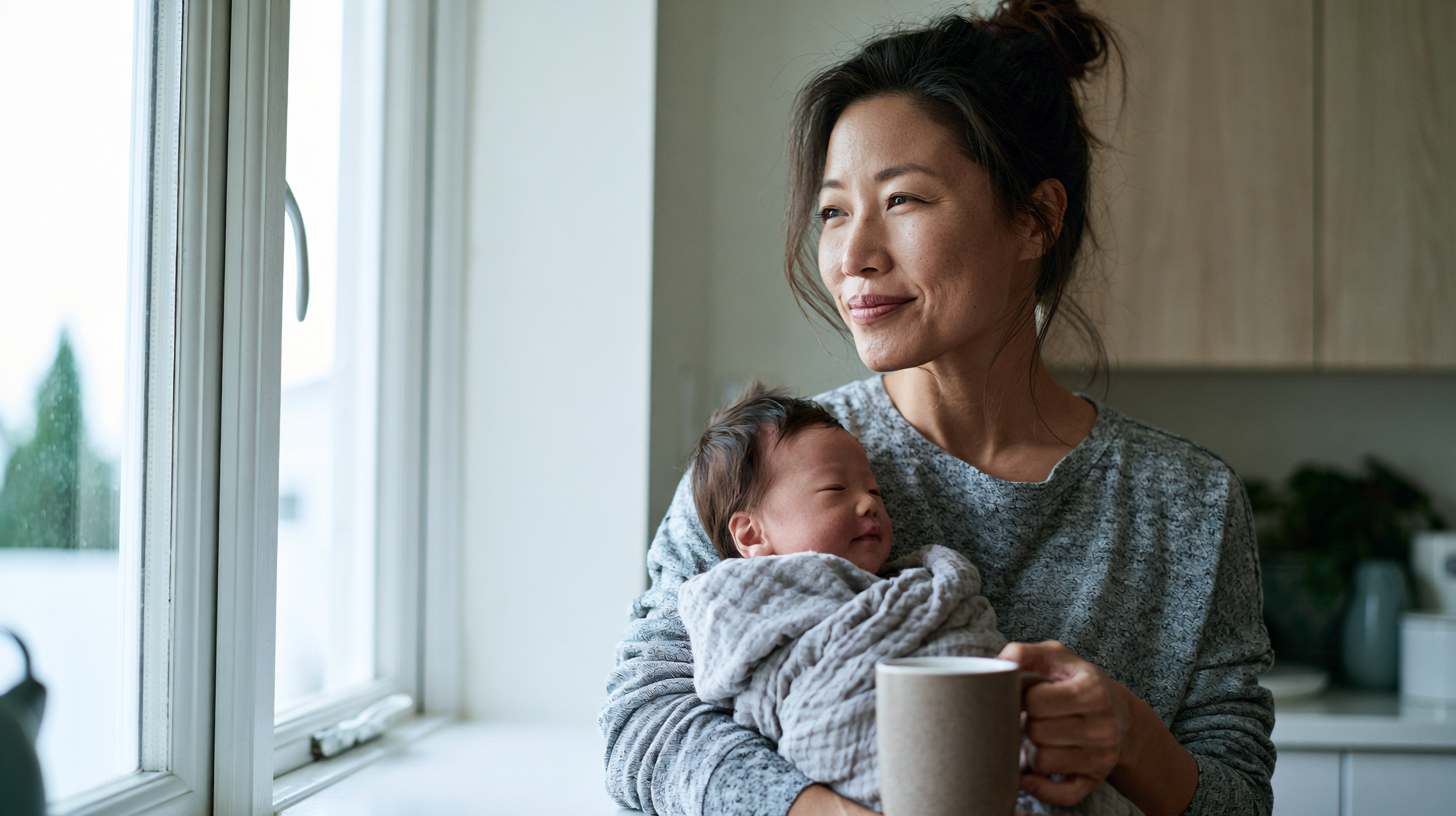 Mother Cradling a Swaddled Newborn by the Kitchen Window, Holding a Mug and Smiling.