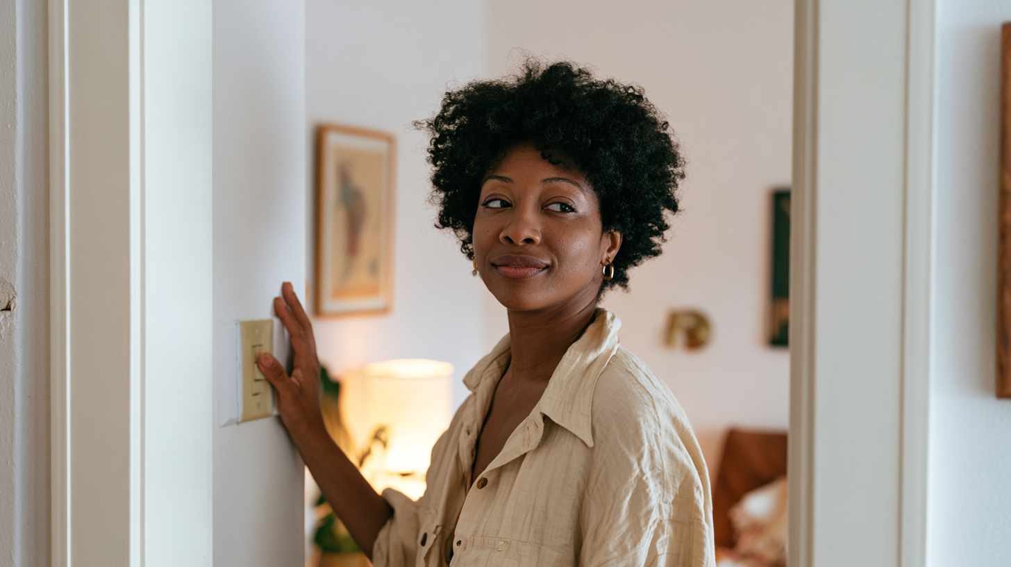 Woman with Natural Hair Stands in a Doorway, Hand Resting on a Light Switch in a Cozy Living Space.