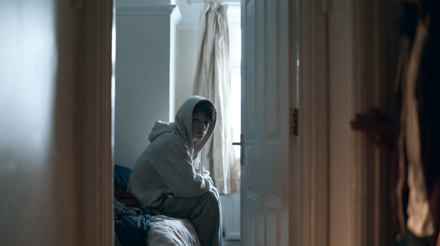 a Person in a Gray Hoodie Sits on a Messy Bed in a Dim Bedroom, Looking Toward an Open Door.