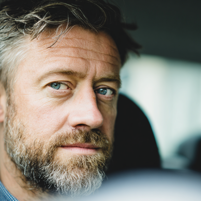 Close-up of a middle-aged man with blue eyes and a salt-and-pepper beard, sitting in a car and looking at the camera.