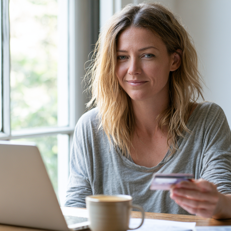 Woman sitting at a table with a laptop, holding a credit card as she shops online at home.