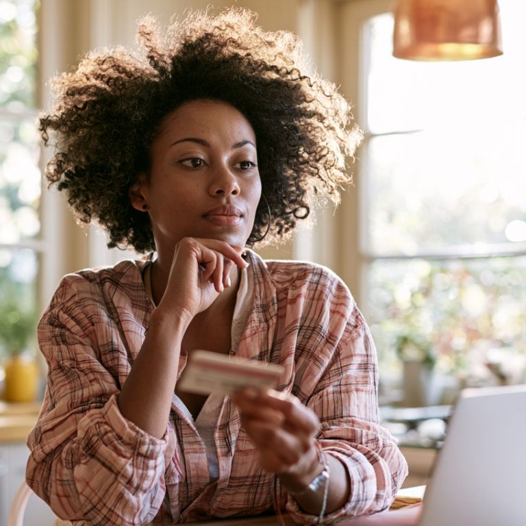 Woman sits at a sunlit kitchen table with a laptop, holding a credit card and looking thoughtful.