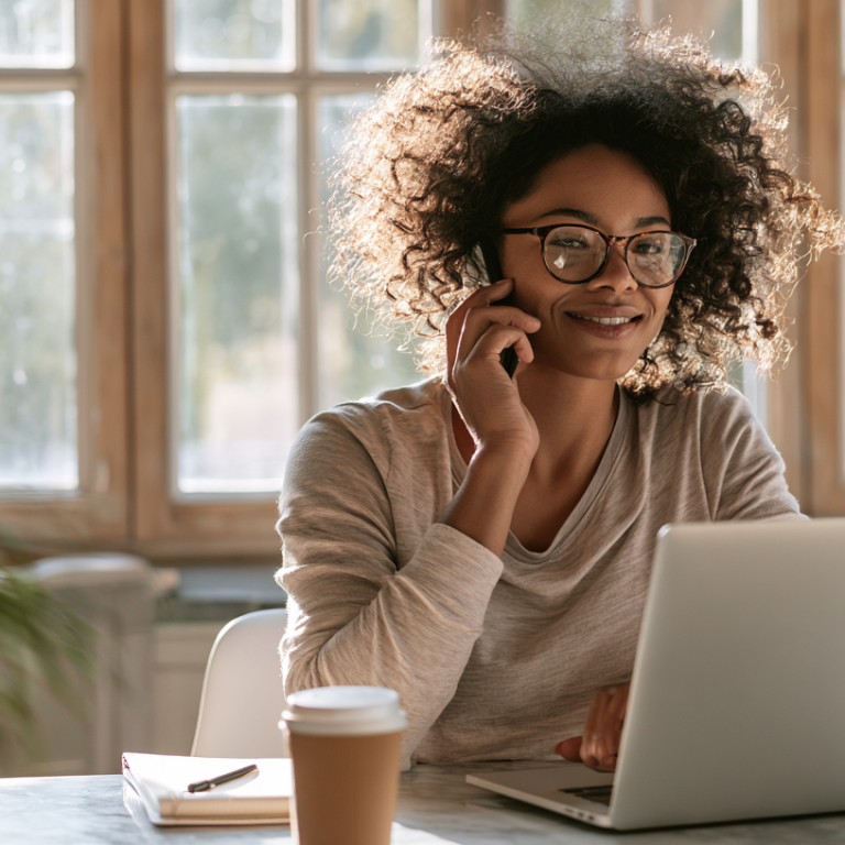 Woman with curly hair and glasses talking on a phone while working on a laptop at a bright kitchen table with a coffee cup nearby.