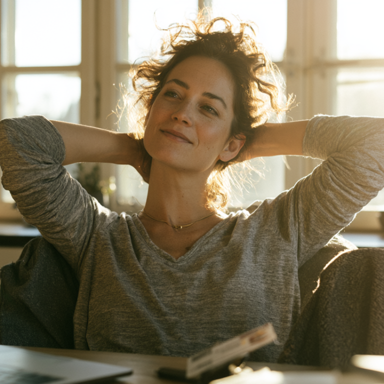Woman relaxing at a sunny kitchen table, hands behind her head, with a laptop in view nearby.