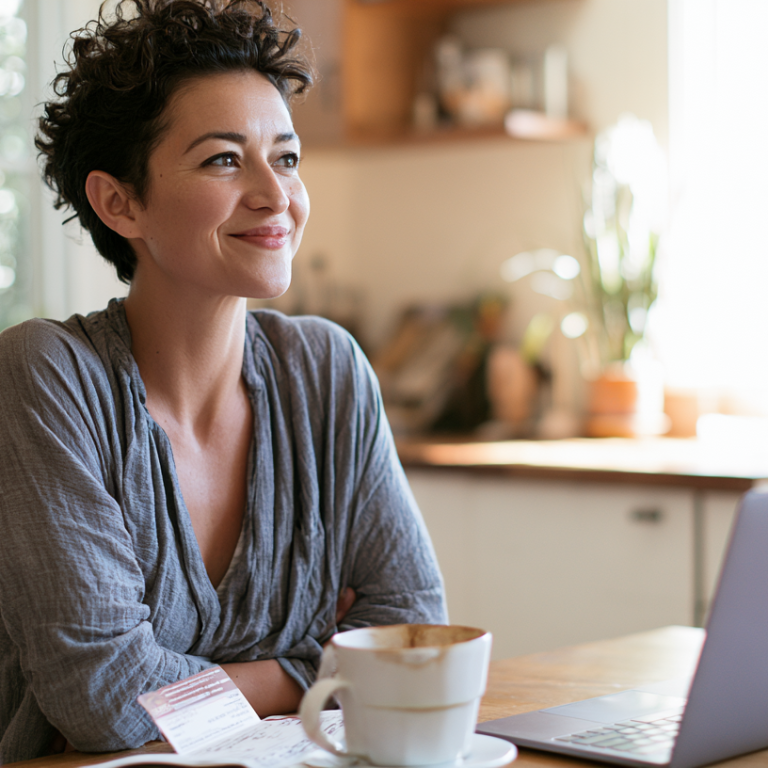 Woman with short dark hair sits at a sunlit kitchen table, smiling at an open laptop with a coffee cup nearby and receipts on the table.