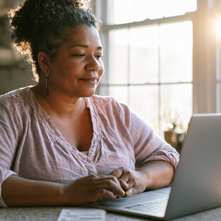Woman in a pink blouse typing on a laptop at a sunlit kitchen counter, mug nearby.