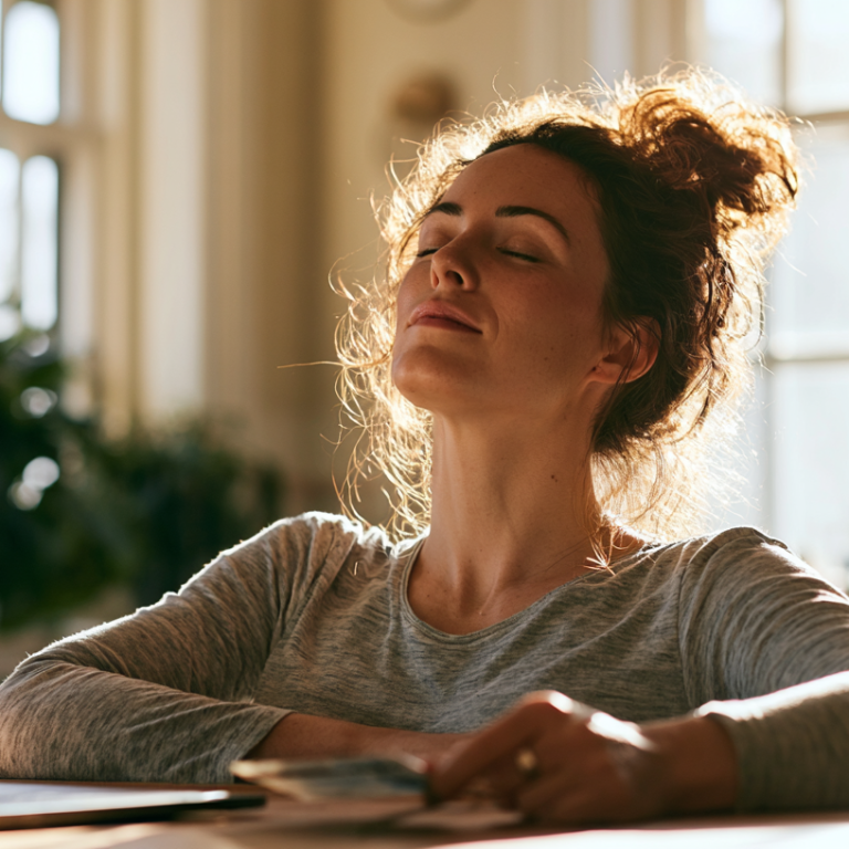 Woman with closed eyes, basking in sunlight at a laptop in a bright room.
