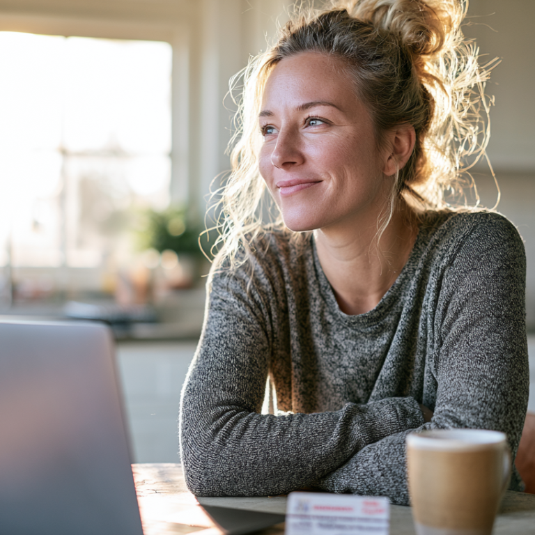 Woman sits at a sunlit kitchen table with an open laptop, smiling, a coffee cup in front, enjoying a moment at home.