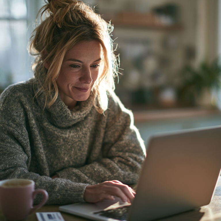 Woman in a gray knit sweater typing on a laptop at a wooden kitchen table with a pink mug nearby.