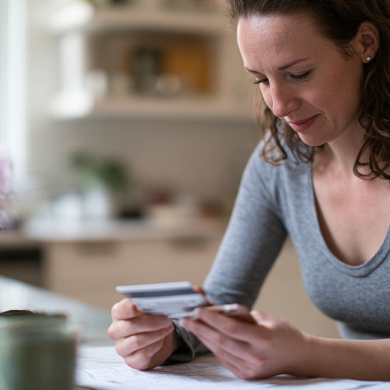 Woman in a gray long-sleeve top sits at a kitchen table, reviewing several cards in her hands.