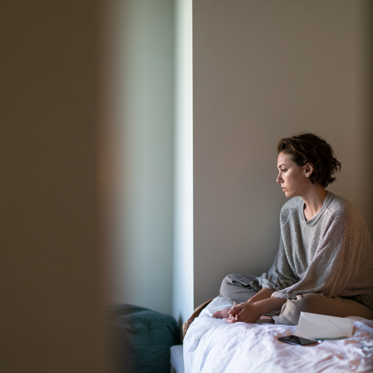 Woman sits on an unmade bed in a muted bedroom, hands clasped, looking downward near a window light.